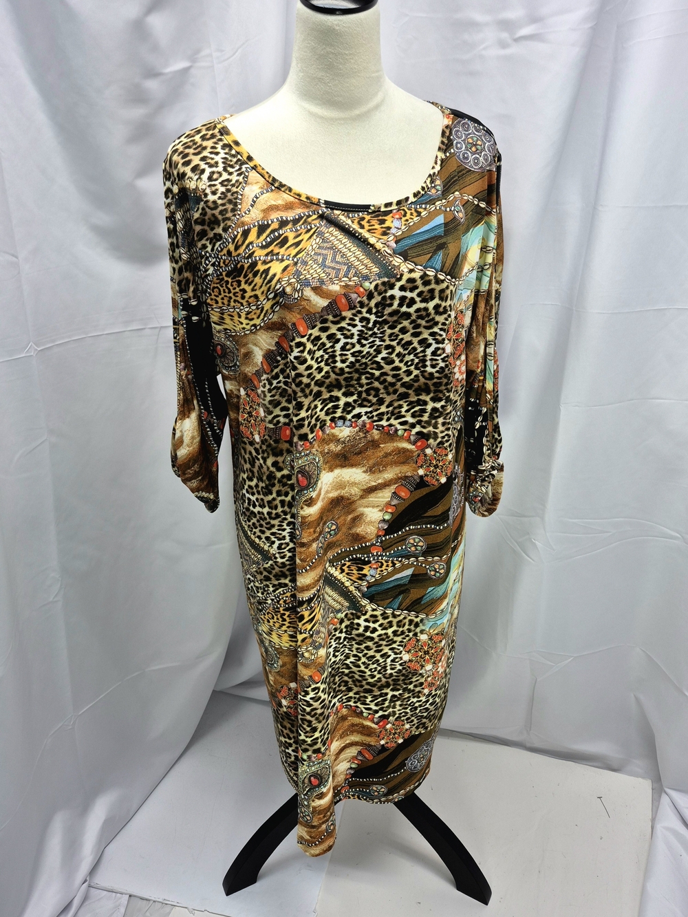 Studio Ey Womens Graphic Shift Dress Size Xl Midi Cold Shoulder Y2K Animal Print